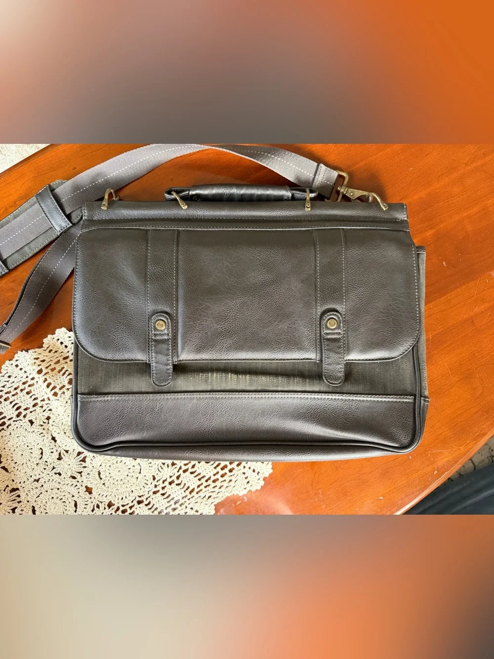 solo Brown Faux Leather Briefcase with Brass Accents